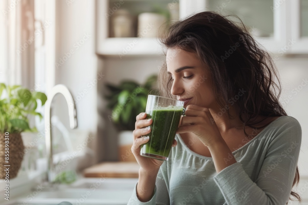 diverse woman drinking healthy green vegan spirulina smoothie in the morning in white minimal kitchen diverse woman drinking healthy green vegan spirulina smoothie in the morning in white minimal kitchen