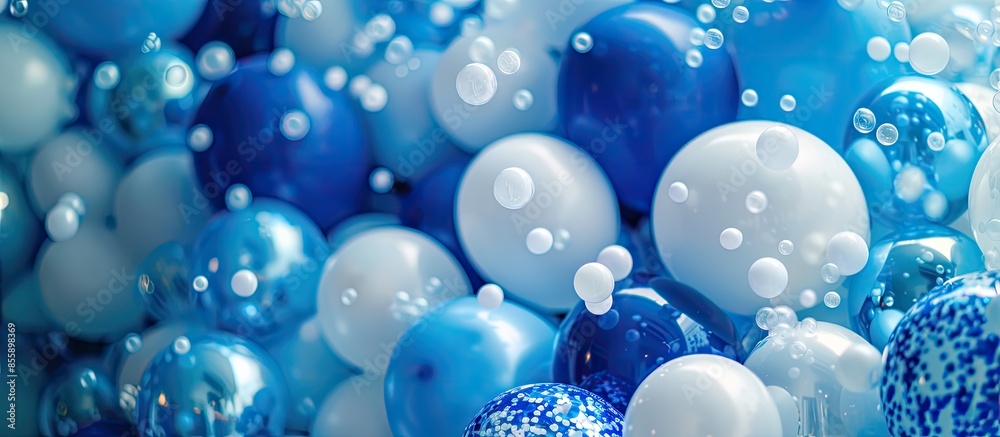 Decorations for holiday party. A lot of balloons blue and white colors. Round photo zone with balls. Copy space image. Place for adding text or design Decorations for holiday party. A lot of balloons blue and white colors. Round photo zone with balls. Copy space image. Place for adding text or design