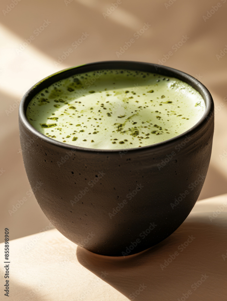 A frothy matcha latte in a dark ceramic cup on a light background. A frothy matcha latte in a dark ceramic cup on a light background.