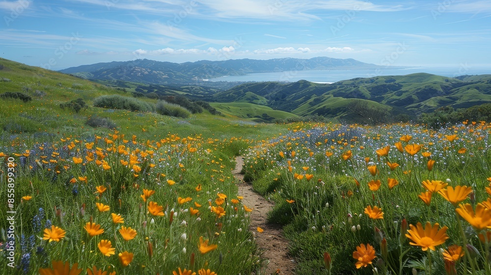 Fototapeta premium Exploring a rugged local trail with panoramic views of rolling hills and valleys,