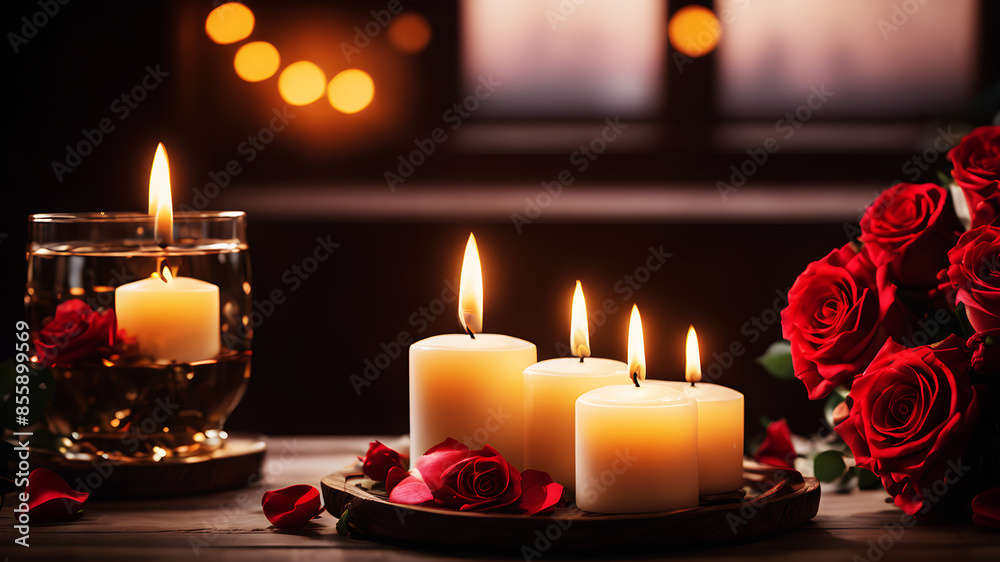 Illustrate a romantic beautifully roses and heart-shaped candles. Add a soft bokeh effect in the background to enhance the intimate and cozy atmosphere Illustrate a romantic beautifully roses and heart-shaped candles. Add a soft bokeh effect in the background to enhance the intimate and cozy atmosphere
