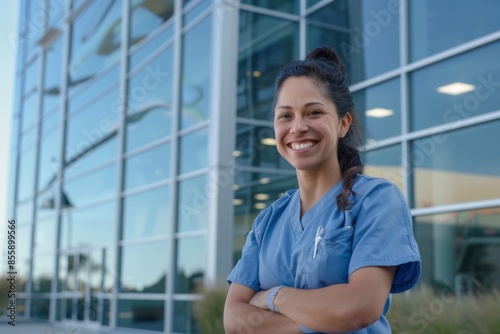 hispanic nurse in front of modern glass hospital building, smiling Free Download hispanic nurse in front of modern glass hospital building, smiling - GFXLoad