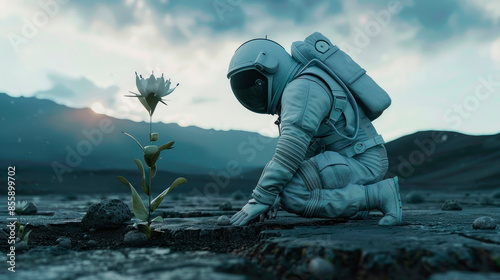 An astronaut is kneeling down looking at a flower growing up out of the desolate ground.