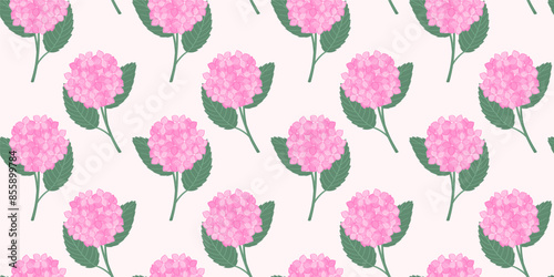 Floral seamless pattern with pink hydrangea and green leaves. Botanical background with flowers, template for bed linen, fabric, paper packaging