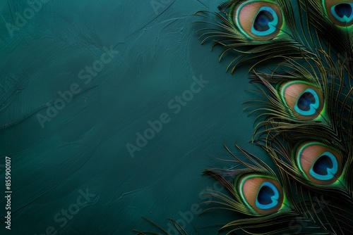 peacock feathers frame isolated on deep turquoise green background with copy space center