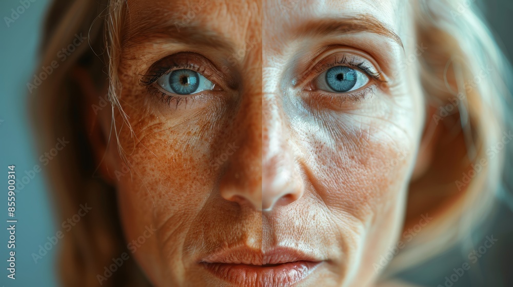 close up shot of a face looking at the camera, one half of the face is 30 years old, the other half of the same face is 50 years old with aging wrinkled skin looking older close up shot of a face looking at the camera, one half of the face is 30 years old, the other half of the same face is 50 years old with aging wrinkled skin looking older