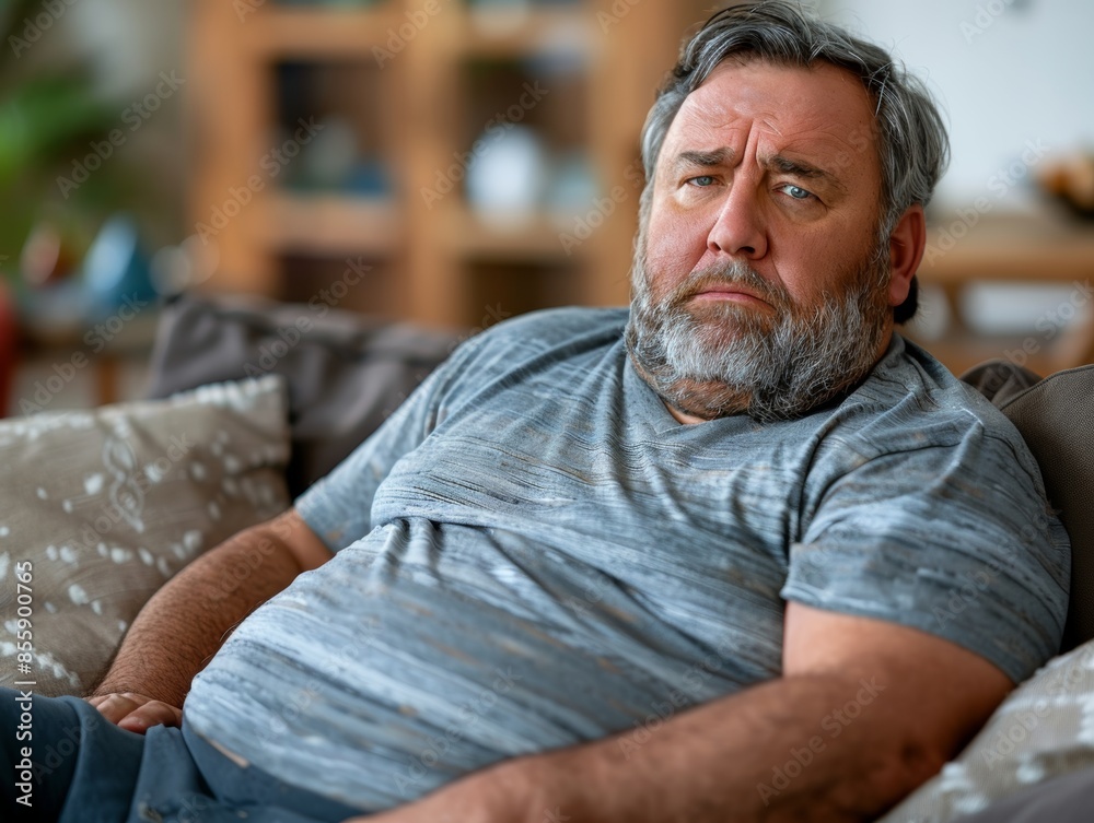 Overweight middle-aged man with heartburn symptoms sitting on the sofa at home Overweight middle-aged man with heartburn symptoms sitting on the sofa at home