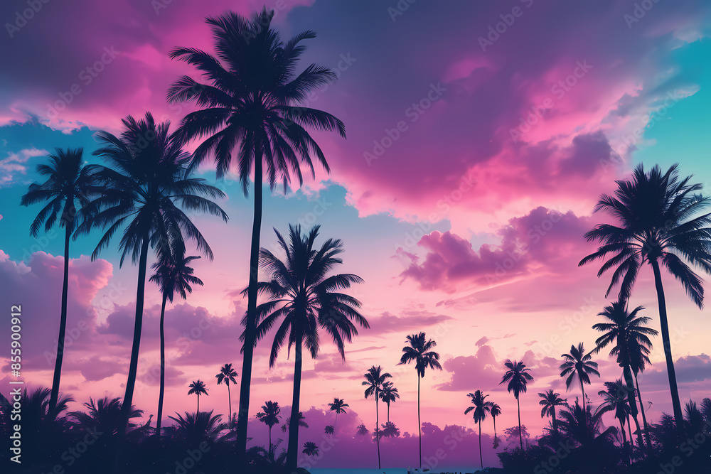 Palm trees lined up under pink and blue sky Palm trees lined up under pink and blue sky
