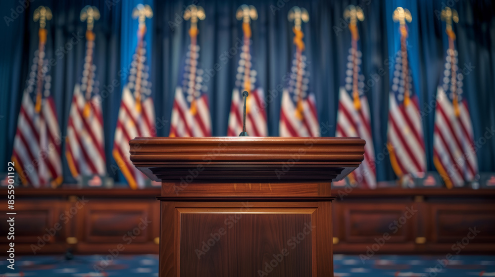 Obraz premium Close-up of the stage with a podium in the middle. In the background is the flag of the United States (campaigning for the election of President of the United States)