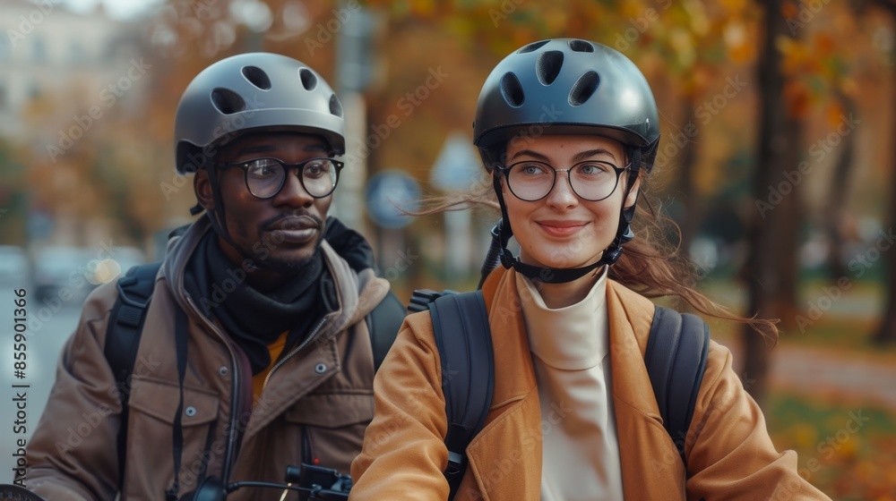 Smiling Multiethnic Couple in Helmets Enjoying Motorcycle Ride in Autumn. Generative ai Smiling Multiethnic Couple in Helmets Enjoying Motorcycle Ride in Autumn. Generative ai