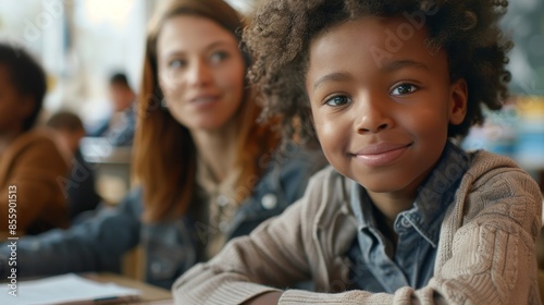 Woman teacher tutor helping African American child student with homework learning in classroom. Day care studies. Generative ai