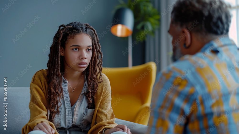 Serious important conversation between multiracial father and teenager daughter in living room at home. Generative ai Serious important conversation between multiracial father and teenager daughter in living room at home. Generative ai