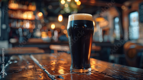 A pint of dark stout beer on a wooden table in a cozy pub.