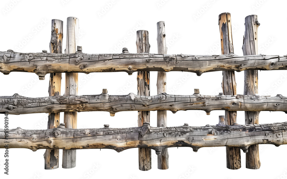 Rustic wooden fence isolated on transparent background, outdoors countryside farm