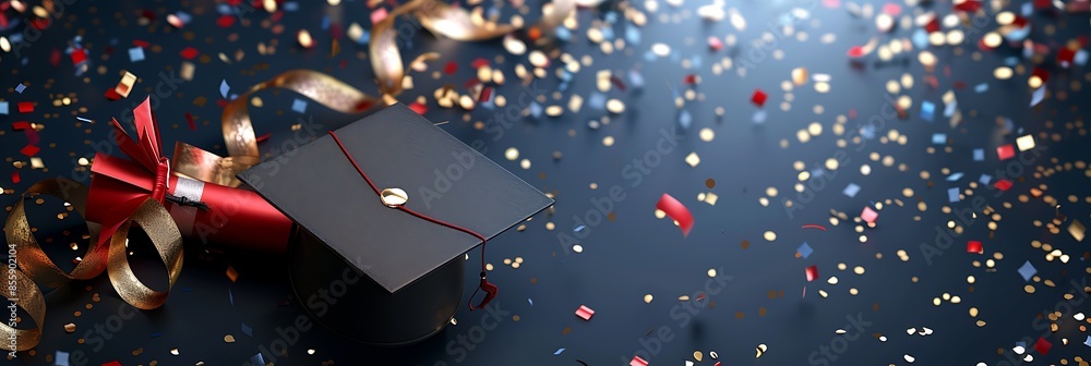 A graduation cap and diploma on a dark background with confetti and ...