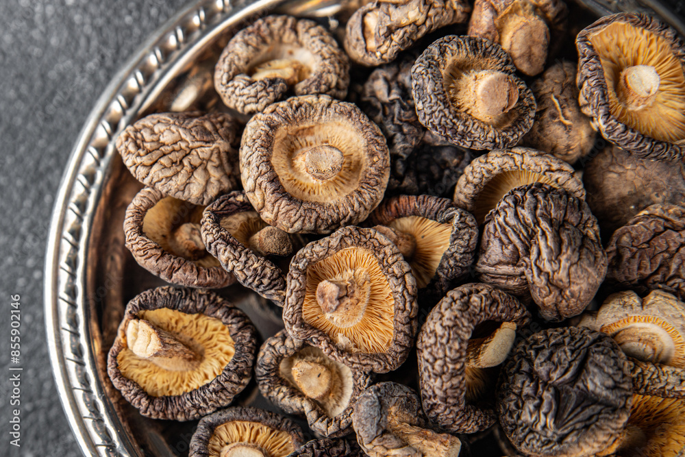 dried mushroom shiitake food snack on the table copy space food background rustic top viewvegan food dried mushroom shiitake food snack on the table copy space food background rustic top viewvegan food