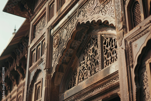Carved decorative windows of Mughal architecture in Agra fort
 photo