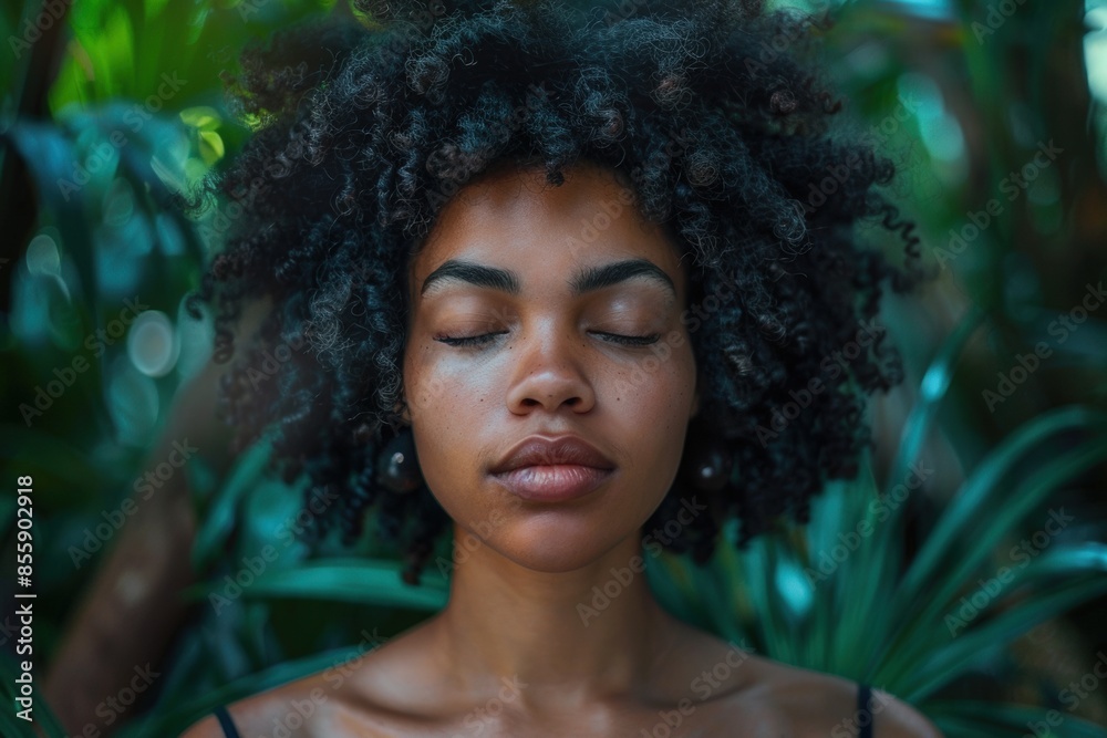 Portrait of a Woman with Curly Hair and Closed Eyes Surrounded by Lush Green Foliage, Capturing a Moment of Tranquility and Connection with Nature
