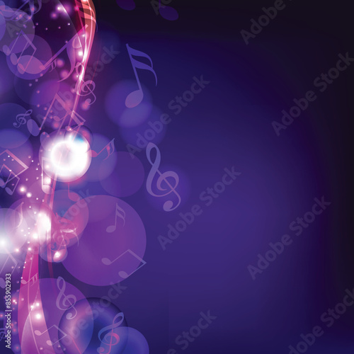 Music Notes with Bokeh Effect on Blue Background and Copy Space.