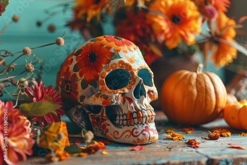 Painted human skull for Mexico's Day of the Dead (El Dia de Muertos, pumpkins and flowers on table. Banner for design
 photo