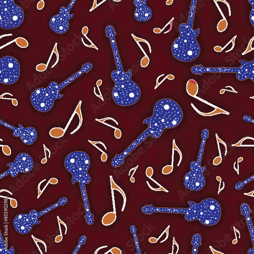 Sticker Style Guitar Instrument and Quarter Notes Decorated on Red Background.