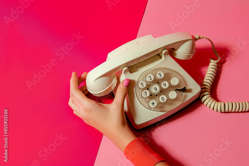 White telephone, Pop art photography. Retro objects, gadgets. Female hand holding handset of vintage phone isolated on pink and red background. Vintage, retro 80s, 70s style. Complementary colors
 photo