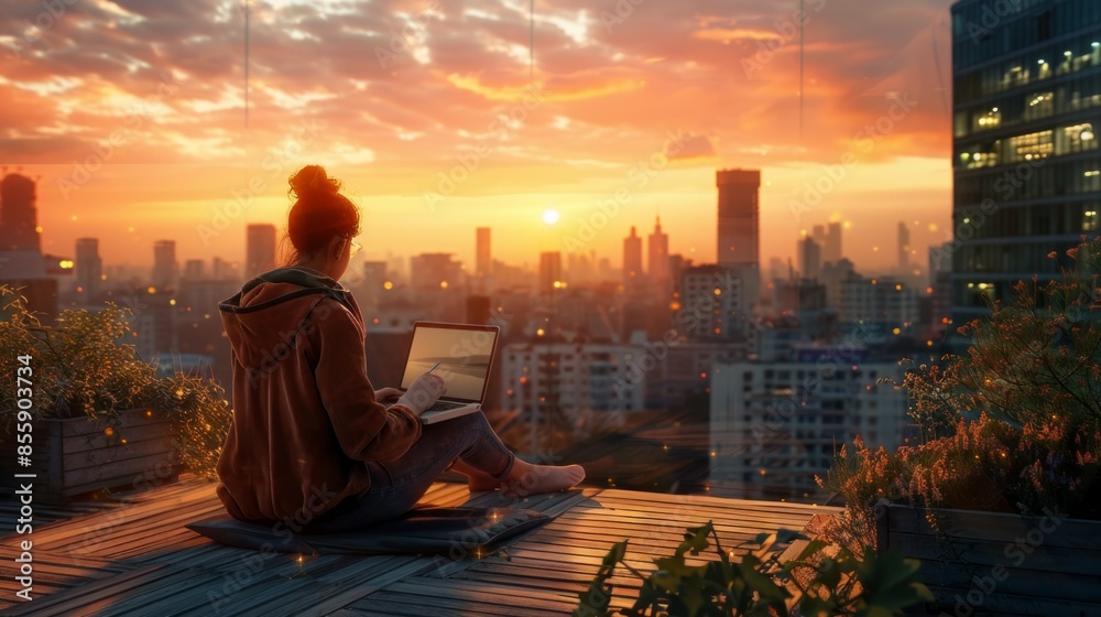 Fototapeta premium Woman using a laptop on a rooftop terrace, city skyline view, sunset lighting