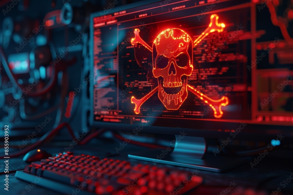 Cyber threat concept with glowing red skull and crossbones on a ...
