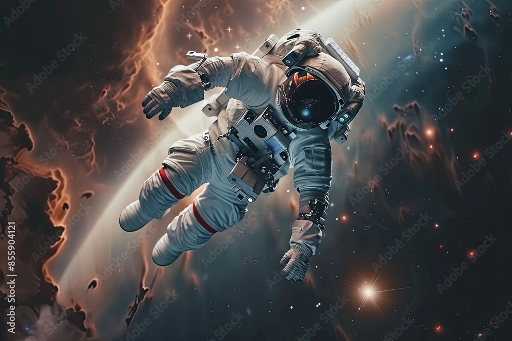 Fototapeta premium Astronaut at spacewalk. Cosmic art, science fiction wallpaper. Beauty of deep space 