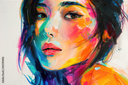 Asian young woman creative artistic portrait. Beautiful colorful portrait on white background