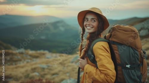 Beautiful woman wearing hiking clothes, smiling with happiness, adventure traveling alone on the top of mountains with backpack in vacation trip on weekend © Ruslan Gilmanshin