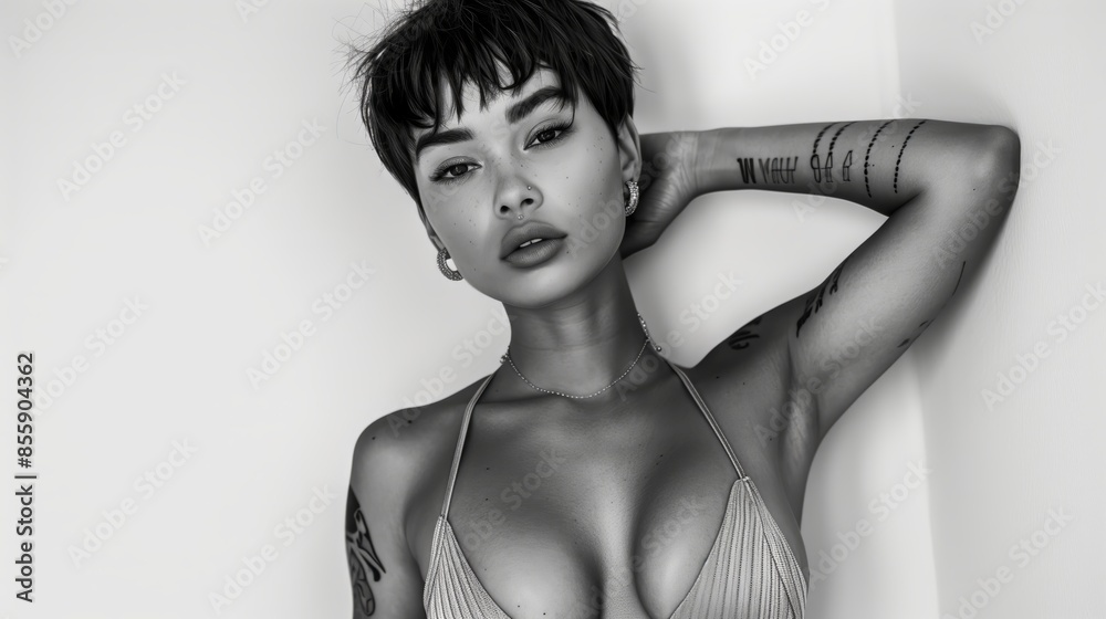 Woman With Short Hair Posing For Photo Woman With Short Hair Posing For Photo