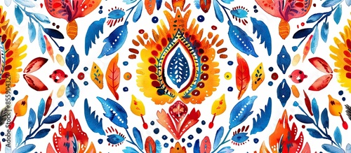 Folk seamless pattern with ethno motifs. Trendy textile swatch. Simple watercolor seamless background. Material template. Abstract simple ornament pattern for interior decor. Copy space image