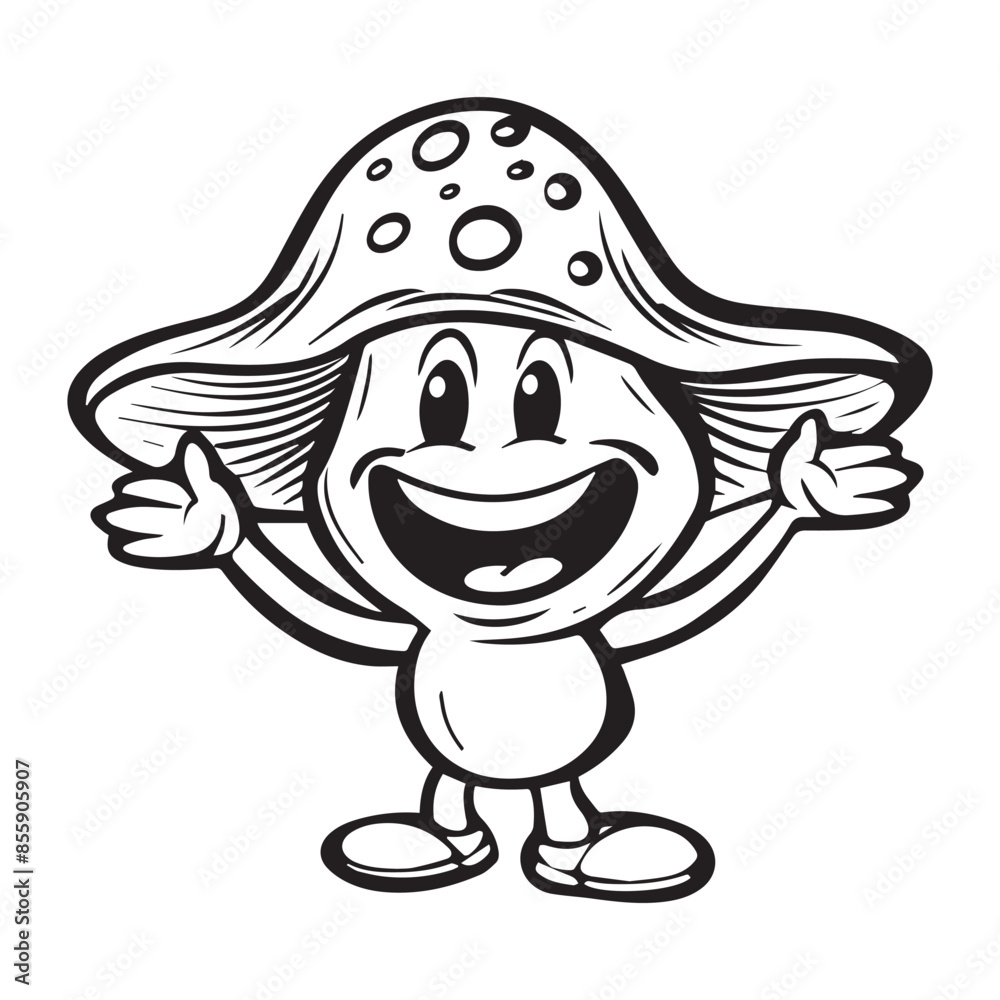 Fototapeta premium Happy mushroom character design, black vector illustration on white background