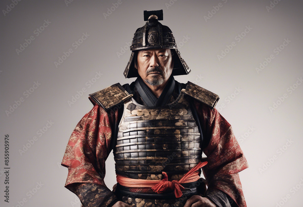 Fototapeta premium Middle-aged male Samurai warrior with stoic expression, wearing traditional samurai armor and kimono, isolated white background, dim light