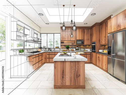 3D Architectural Visualization of Modern Kitchen photo