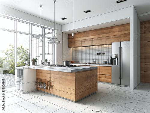 3D Architectural Visualization of Modern Kitchen photo