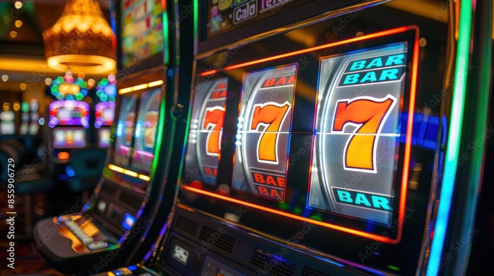 A close-up view of slot machines in a vibrant, colorful casino. The focus is on one of the slot machines displaying a winning combination of sevens and bars - AI Generated Digital Art A close-up view of slot machines in a vibrant, colorful casino. The focus is on one of the slot machines displaying a winning combination of sevens and bars - AI Generated Digital Art