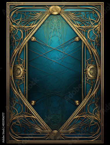 A tarot card frame in the style of art nouveau, teal and gold colors