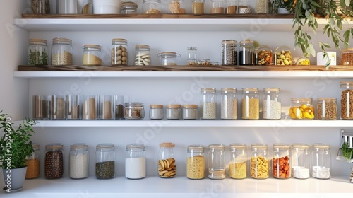 Wallpaper Mural kitchenware, glass jars with beans, pasta and grains on metal green shelf at cabinet. storage food concept and order at kitchen Torontodigital.ca
