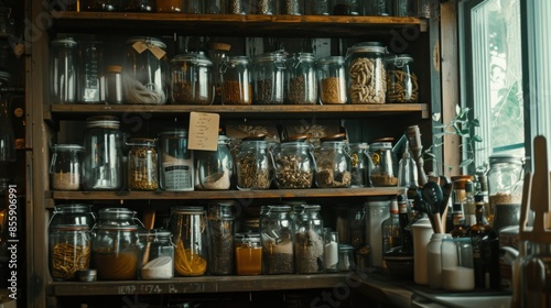 kitchenware, glass jars with beans, pasta and grains on metal green shelf at cabinet. storage food concept and order at kitchen © Ruslan Gilmanshin