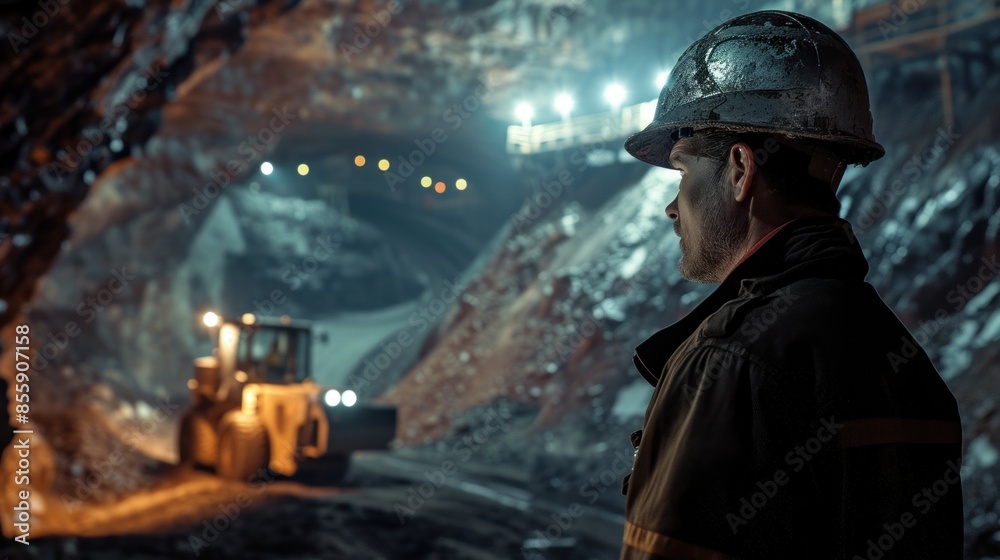 Fototapeta premium Worker in hard hat standing in the mine