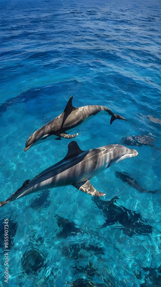 Obraz premium Tropical blue ocean, graceful dolphins and whales swim, clear blue water