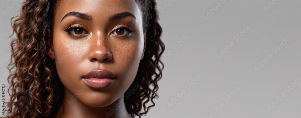 Close-up portrait of a beautiful girl with freckles on grey isolated background Close-up portrait of a beautiful girl with freckles on grey isolated background