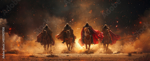 Cinematic scene of four horsemen in long cloaks riding through a dramatic landscape photo