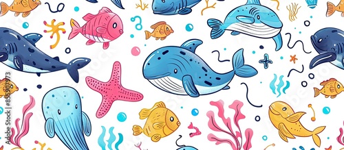 cartoon colorful seamless pattern with sea animals. Copy space image. Place for adding text and design