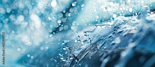 Abstract carwash banner, focus only on drops of water, jet spraying to car out of focus, toned in light blue color. Copy space image. Place for adding text and design
