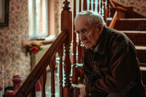 A pensioner having problems getting up stairs.