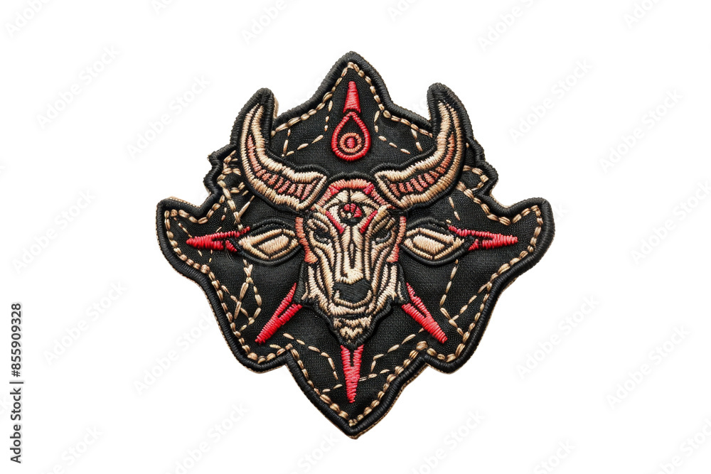 Close-up of a detailed embroidered patch featuring a stylized bull skull with horns and red accents on a black background. Close-up of a detailed embroidered patch featuring a stylized bull skull with horns and red accents on a black background.