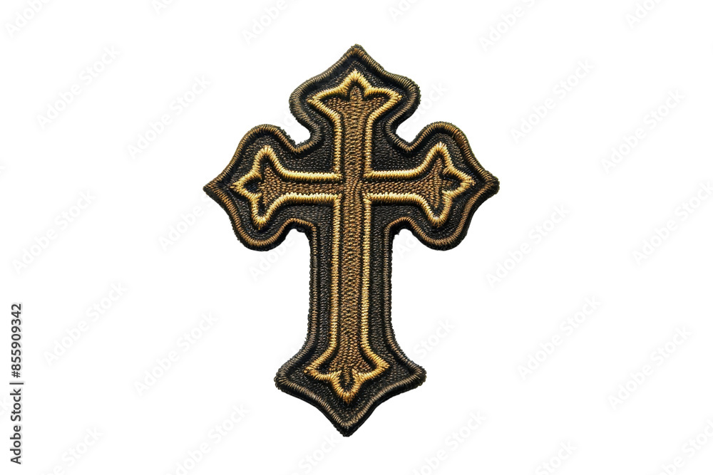 Close-up of an ornate, gold-and-black cross emblem on a transparent background. symbolizing faith, spirituality, and religious devotion. Close-up of an ornate, gold-and-black cross emblem on a transparent background. symbolizing faith, spirituality, and religious devotion.